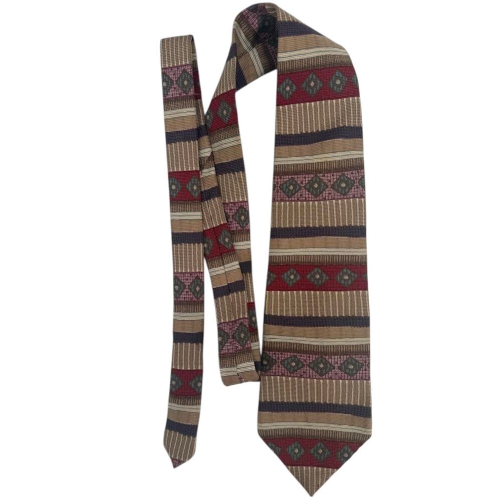Vintage Sarangi Mens Tie USA Geometric Striped Burgundy Tan Retro Necktie